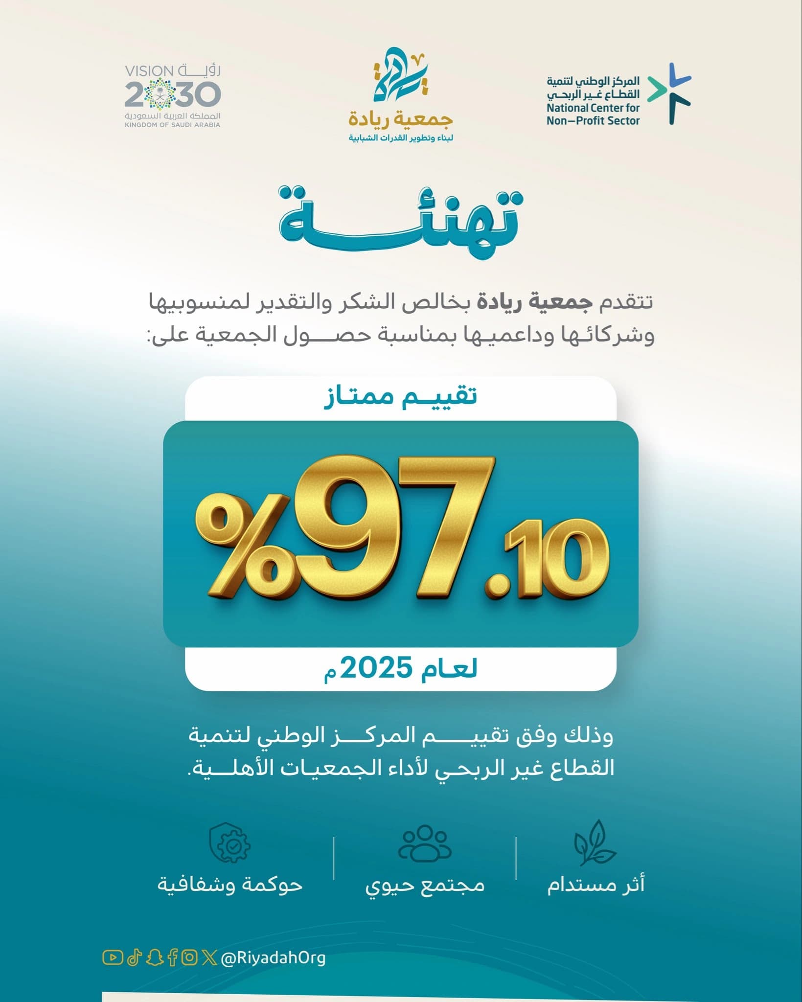 ريادة تحقق 97.10% في تقييم الحوكمة